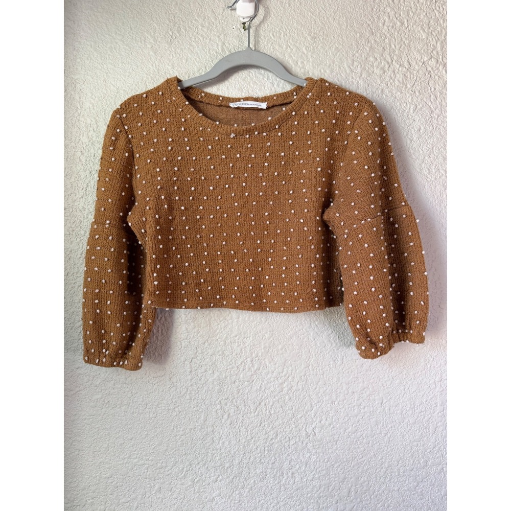 BCBGeneration Brown Textured Polka Dot Long Sleeve Cropped Sweater‎ Top Women's